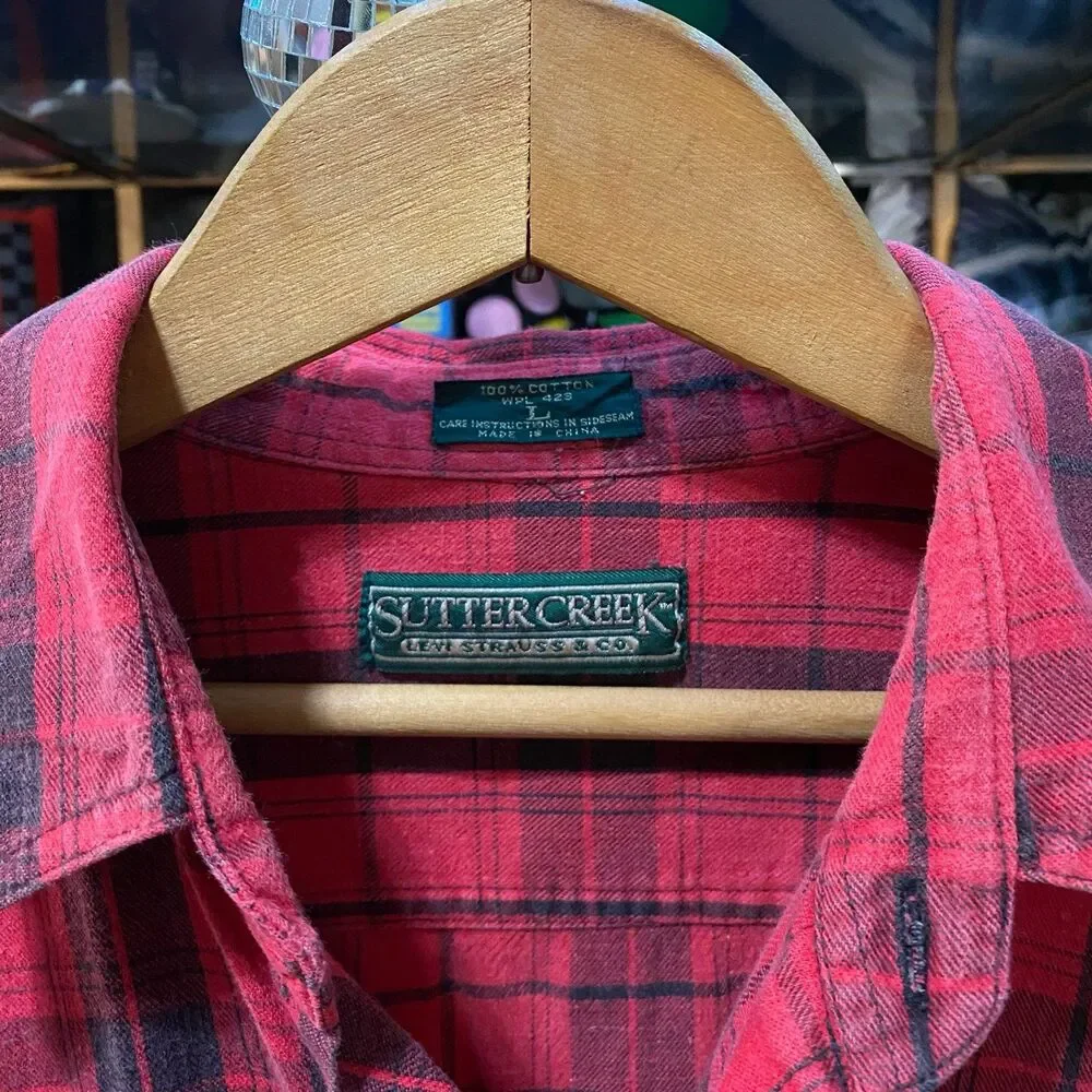 Vintage Levis Sutter Creek Plaid Flannel Shirt Red Black Large Black Tab Y2K